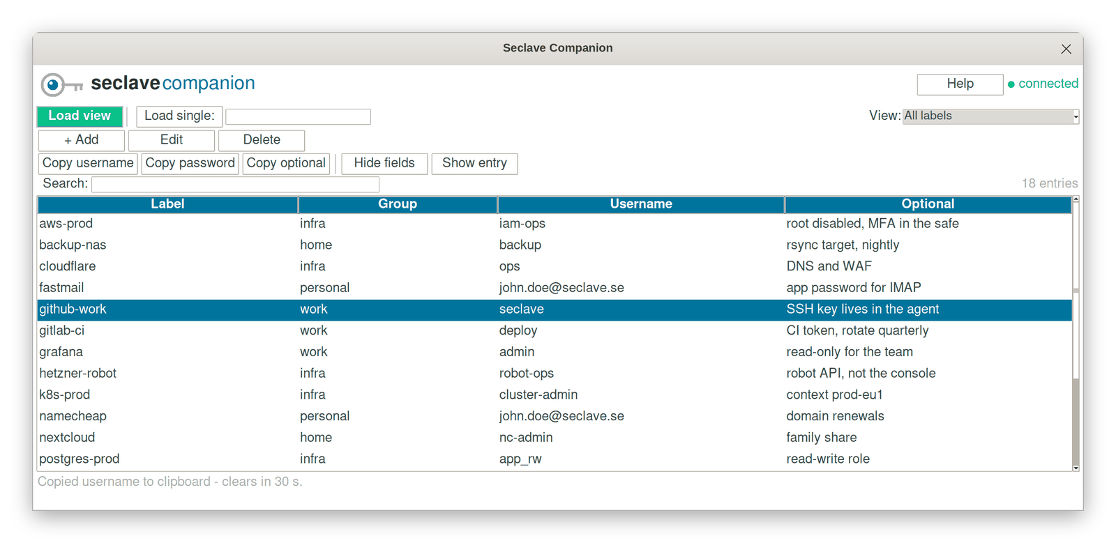 The Seclave Companion window: a table of entries with label, group, username and optional columns, a connected indicator, buttons to add, edit, delete and copy fields, and a status line reading that the username was copied to the clipboard and clears in 30 seconds.