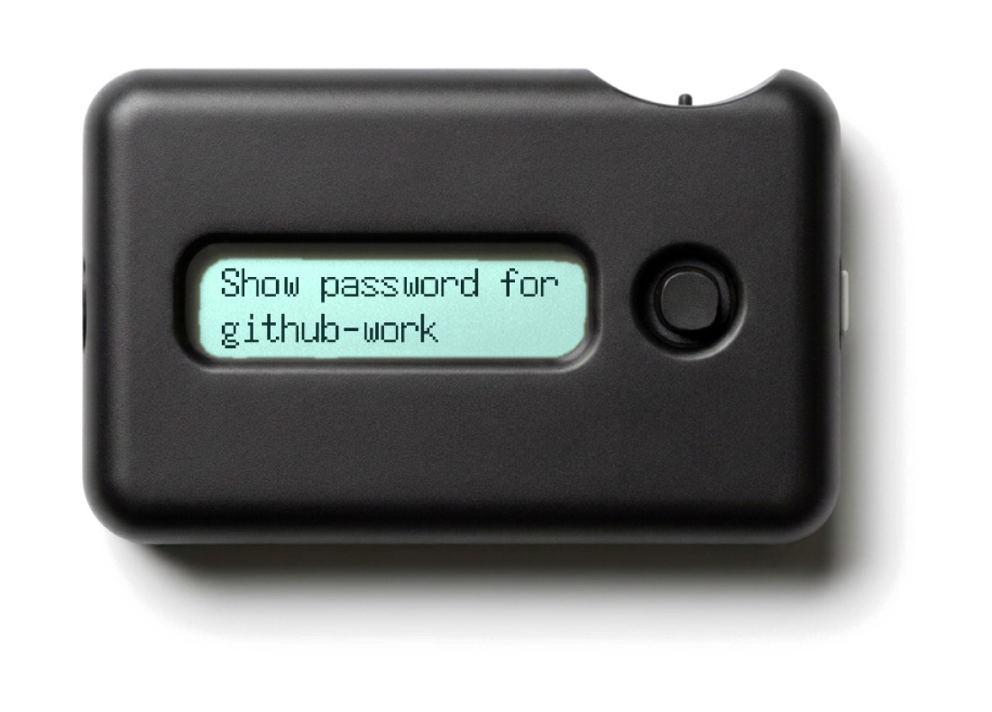 The Seclave: a small matte-black device with a rounded body, a joystick button, and a lit display reading: Show password for github-work.