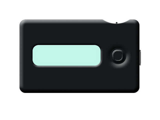 The Seclave 2 device: a black rounded unit with a lit display window, a joystick button, and a USB port on the side.