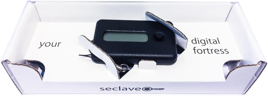An opened Seclave box: the black device with its display and joystick sits in a white tray, with the Seclave logo printed on the box.